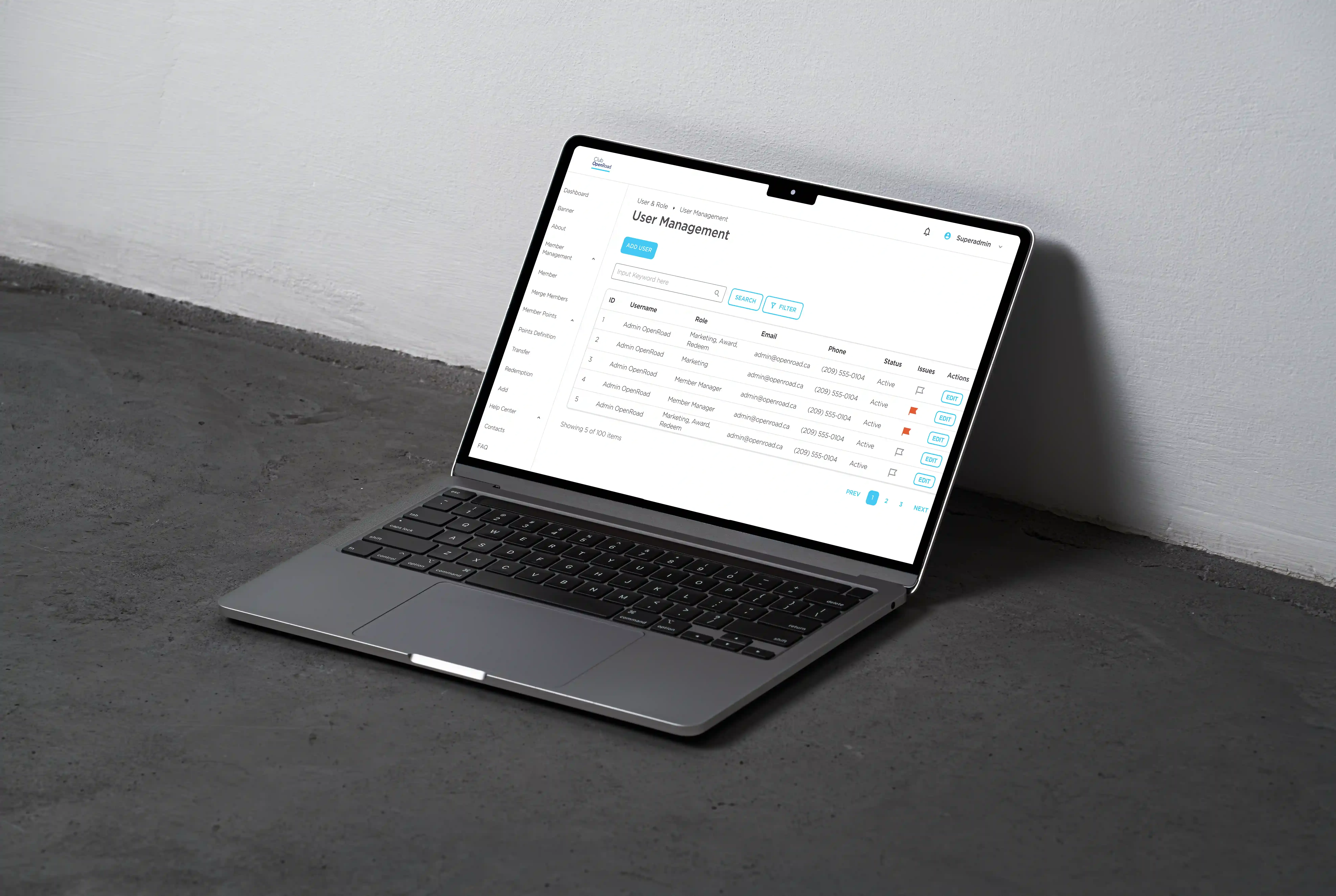 User management page