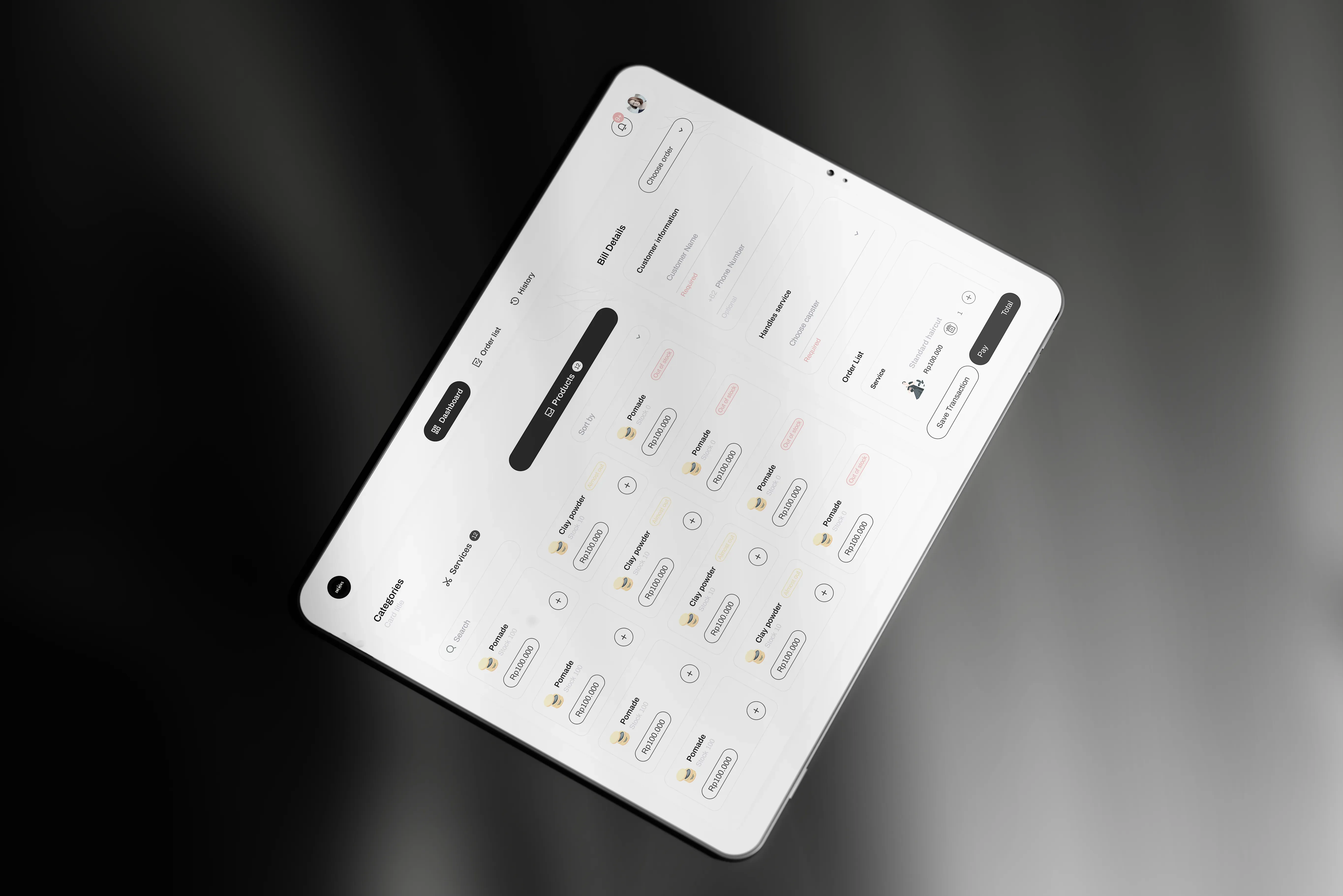 Dashboard showing services in a modern POS system for barbershops.