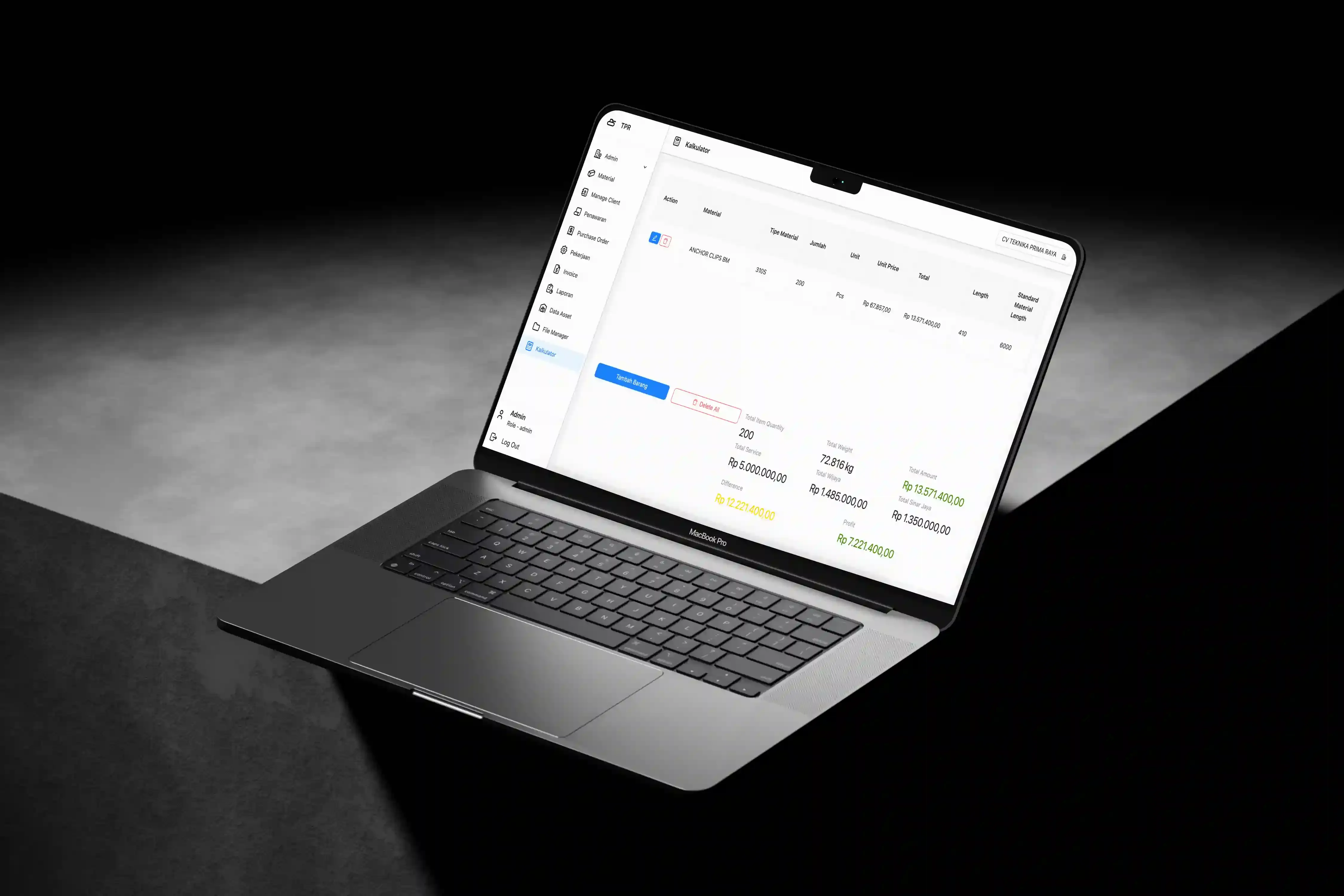 Material calculation dashboard